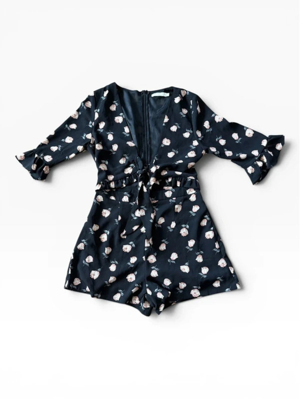 Vera & Lucy Black Floral Tie-Front Romper Playsuit Size S - Picture 2 of 6